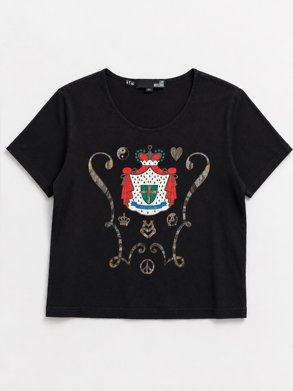 Love Moschino Black Graphic T Shirt IT 44 Peace Crest Metallic Heraldic US 8